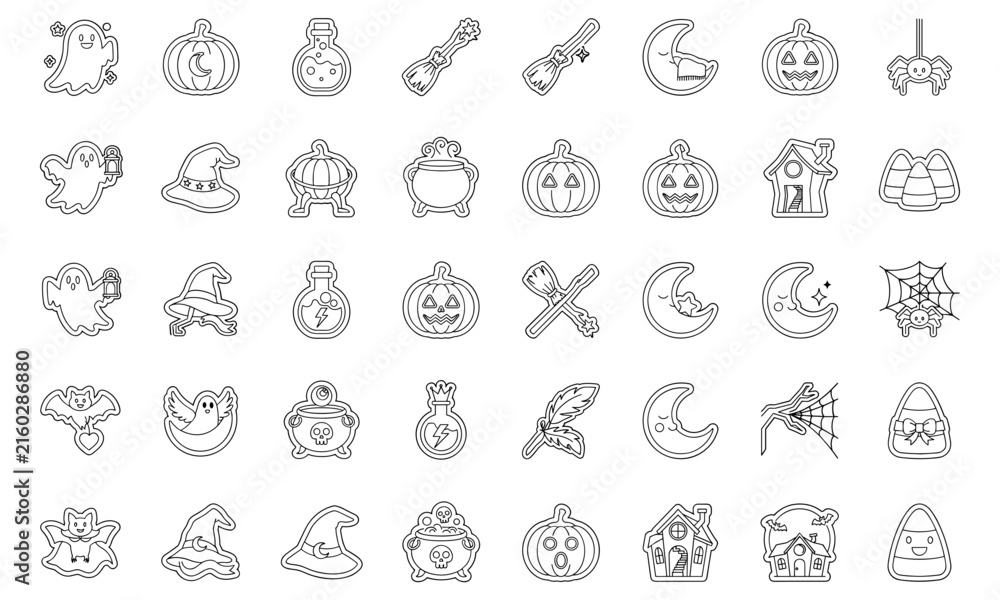 Fototapeta premium Halloween themed icon set with pumpkins, ghosts, witches hats, and candy corn on transparent background