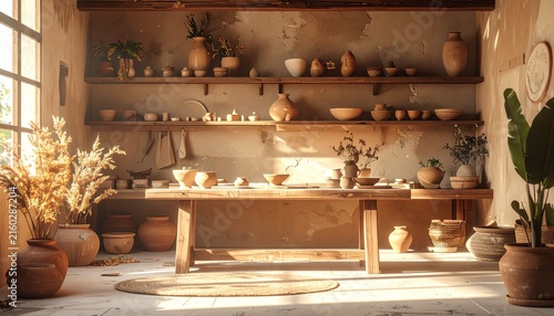 Rustic Kitchen Interior with Wooden Shelves and Clay Pottery.