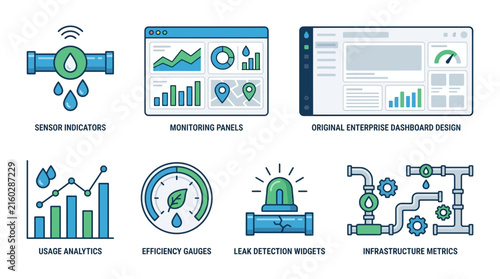 Innovative Water Intelligence and Sustainable Resource Management Dashboard Icons for Industrial Monitoring and Efficiency