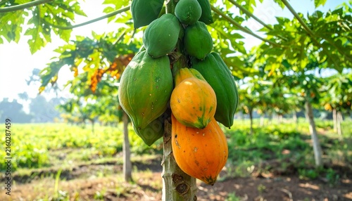 Ripe Papaya and Oranges Hanging on Fruit Trees in Orchard.