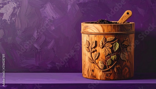 Handcrafted Wooden Box with Leaf Carvings and Spoon.