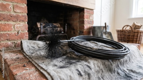 Black chimney sweep brush and coiled rod resting on a soot-covered drop cloth during fireplace cleaning and maintenance.