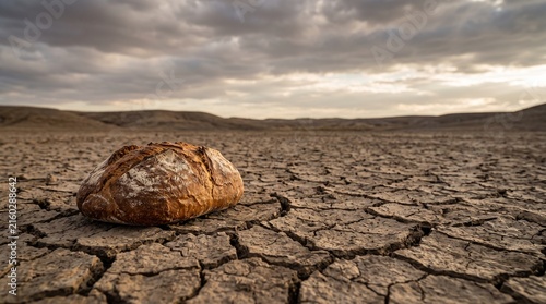 Loaf of bread rests on cracked dry earth under a dramatic cloudy sky symbolizing drought and famine