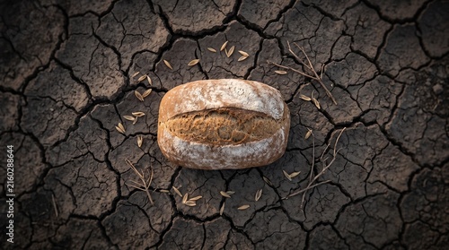 Naklejka Cracked Earth Drought Symbolizes Famine and Scarcity with Loaf of Bread and Scattered Grains