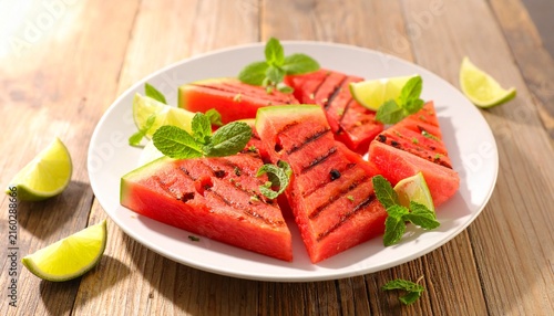 Fresh watermelon slices on white plate with lime and mint.