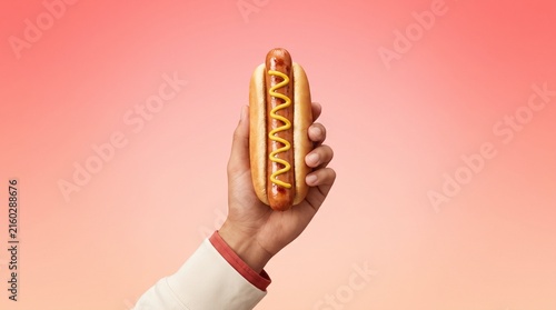 Person holding grilled sausage in soft bun with mustard drizzle against soft gradient pink backdrop with displays close human