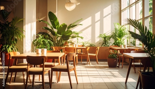 Sunlit Modern Cafe Interior with Wooden Furniture and Plants.