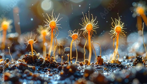 Glowing Orange Fungi in Dark Forest Floor Scene.