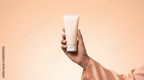 Woman holding blank beige cosmetic squeeze tube container against soft peach background with smooth peach colored minimalist