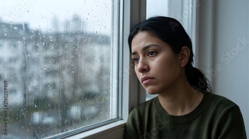 Sad young woman looking out the window on a rainy day at home