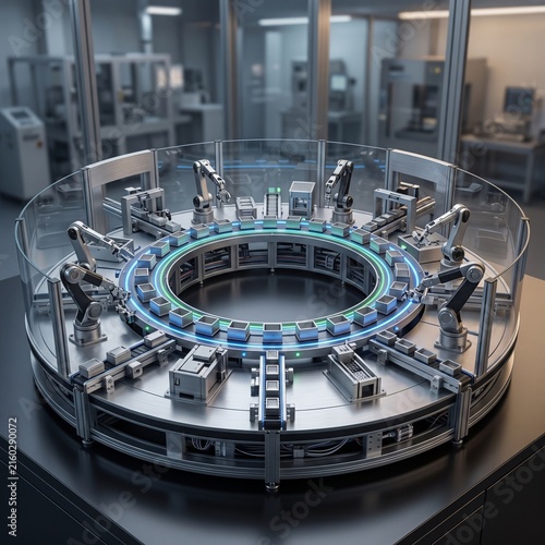 Automated robotic assembly line with mechanical arms in a modern high-tech factory setting.