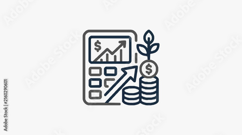 Sleek Monochrome Showing Mobile App with Financial Growth Chart Stacked Coins and Plant Icon with high quality professional line art symbols for modern creative design and digital branding projects