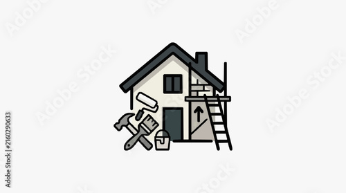 Sleek Monochrome House Icon with Construction Tools Hammer Paint Roller Bucket and Ladder with high quality professional line art symbols for modern creative design and digital branding projects