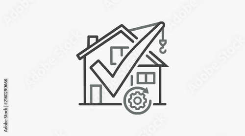 Sleek Monochrome Line Art of a House Undergoing Construction or Renovation with Crane and Gear with high quality professional line art symbols for modern creative design and digital branding projects