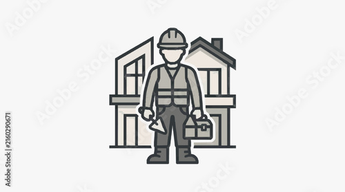 Sleek Monochrome Line Drawing of Construction Worker Standing in Front of a Modern House with Tools