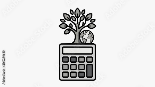 Sleek Monochrome of Calculator with Tree and Globe Symbolizing Eco Friendly Finance and Sustainability