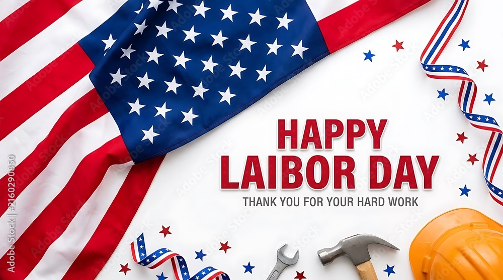 Obraz premium Labor Day USA Labor Day Canada Happy Labor Day message with American flag and construction tools on white Labor Day, Happy Labor