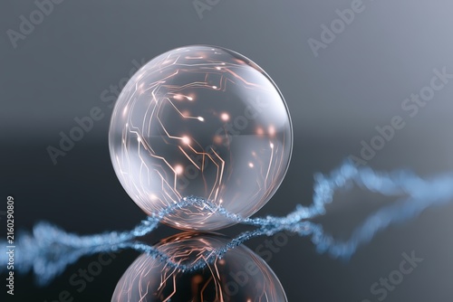 Fragile glass bubble containing glowing circuitry and electric wave for technology background wallpaper