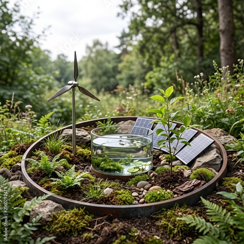 Rustic planter with solar panels and wind turbine in lush green forest setting