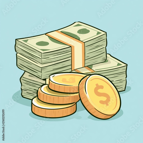 Green cash money stack and golden dollar coins icon