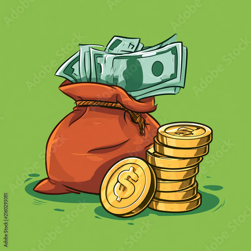 Green cash money stack and golden dollar coins icon
