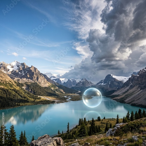 Glowing glass sphere hovering over a turquoise mountain lake in a dramatic landscape.