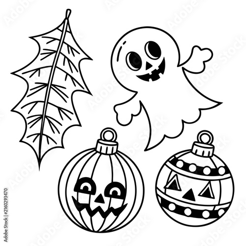 coloring page line art christmas icon set ornament horror black vector