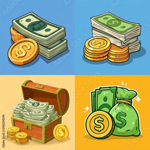  Golden dollar coins and paper currency banknotes set