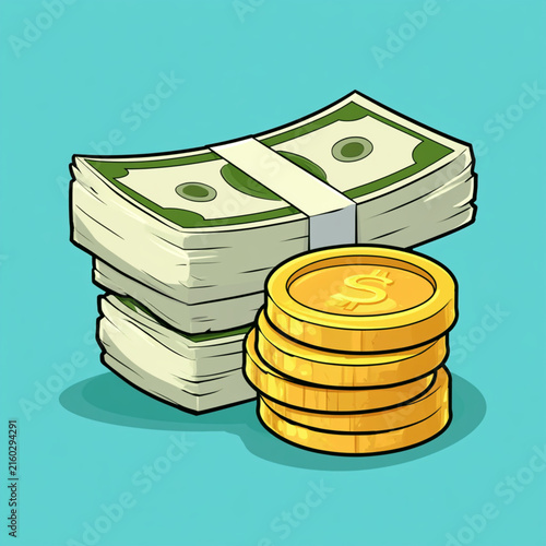Green cash money stack and golden dollar coins icon