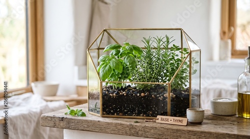 Glass terrarium with fresh culinary herbs on a kitchen counter for home cooking.
