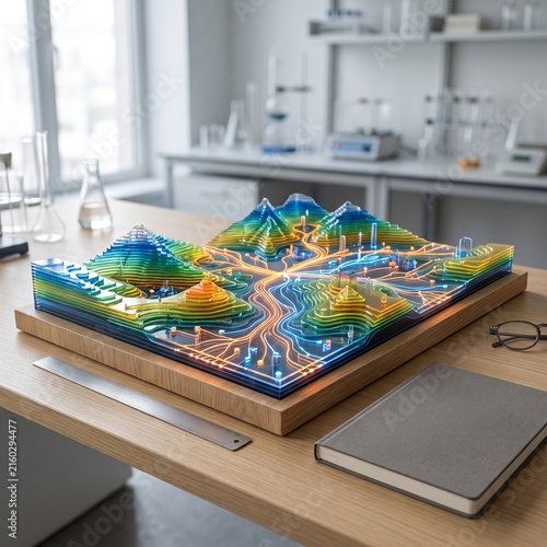 3D Topographic Landscape Model on Laboratory Desk for Geographic Research and Analysis