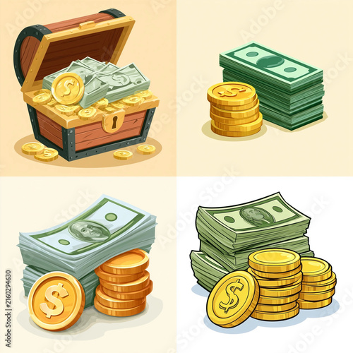  Golden dollar coins and paper currency banknotes set
