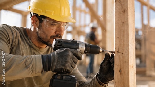 Carpintero profesional con casco de seguridad usando un taladro eléctrico en una estructura de madera, concepto de construcción y renovación