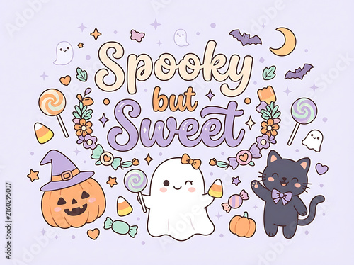 Spooky but Sweet Halloween illustration with ghost cat pumpkin and candy vector artwork