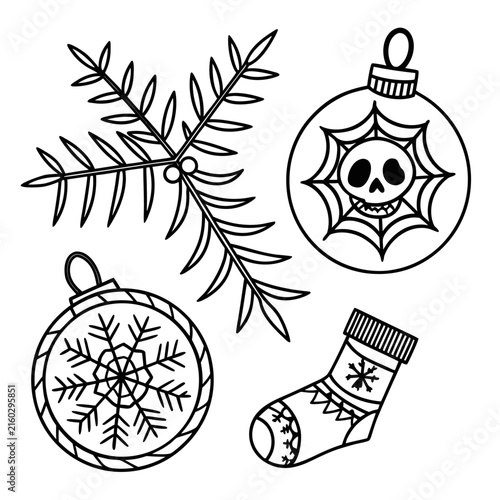 coloring page line art christmas icon set ornament horror black vector
