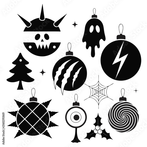 coloring page line art christmas icon set ornament horror black vector