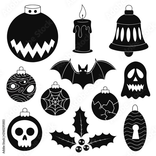 coloring page line art christmas icon set ornament horror black vector