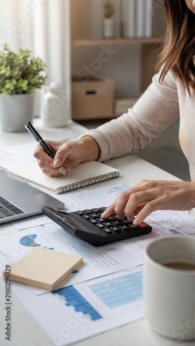 Close up woman calculating budget with laptop at desk