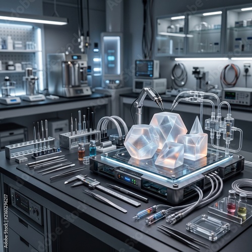 Translucent geometric shapes on a high tech laboratory workbench for scientific research
