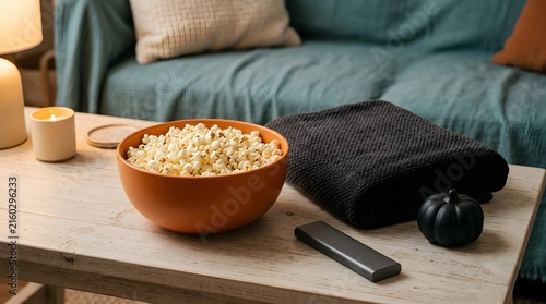 Relaxing cozy evening indoors with a large bowl full of fluffy popcorn a television remote and a comfortable inviting sofa setting