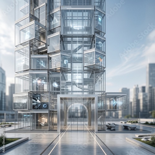 Modern glass skyscraper with modular architectural design and futuristic city office tower