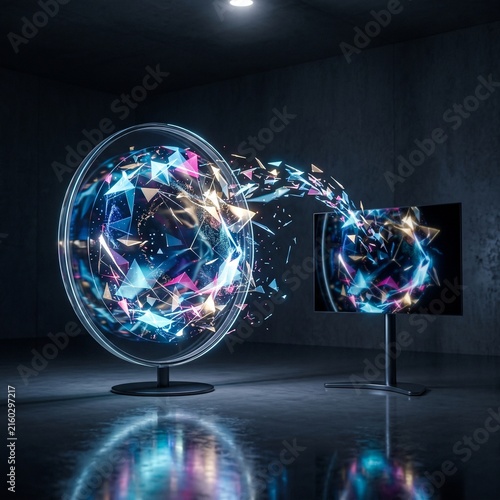 Futuristic circular portal with digital data stream transferring to a modern display screen.