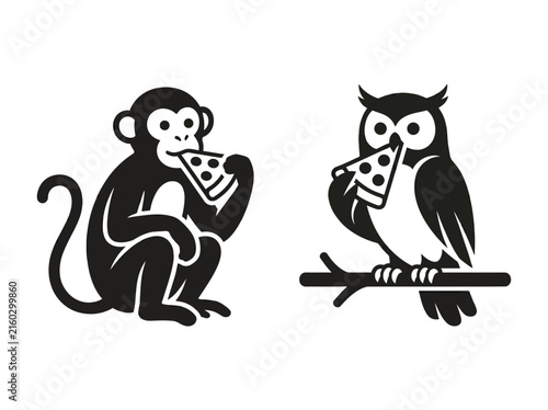Canvas Print Black and white graphic illustration featuring a monkey and an owl, both sitting and enjoying slices of pizza