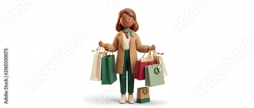 Young woman holding shopping bags in casual outfit with green accents  