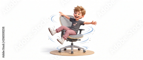 Young boy spinning and enjoying on an office chair in a playful setting  