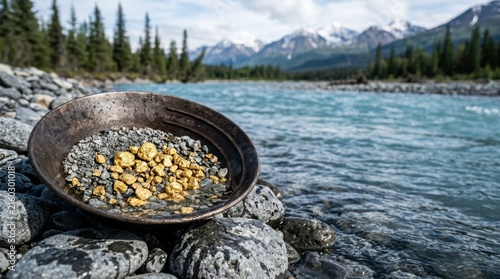 Gold nuggets and rocks in a pan beside a flowing river with snow capped mountains