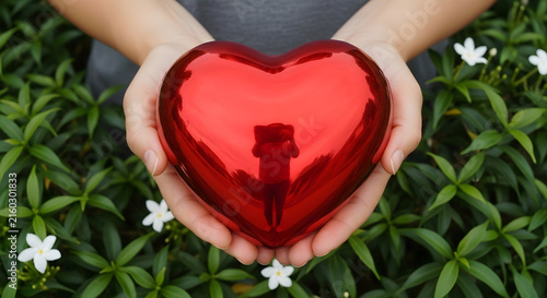 Close up of hands holding a shiny red heart shape over green lush garden leaves with white flowers representing love and care
