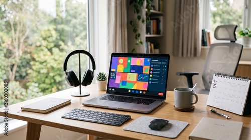Modern home office workspace with laptop and accessories on a wooden desk by window