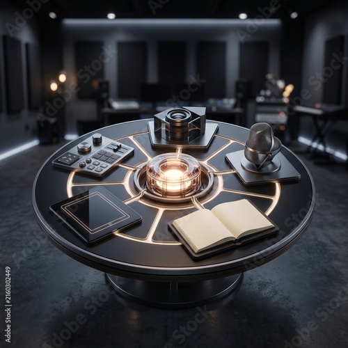Futuristic circular workstation desk with audio equipment and open book in dark studio
