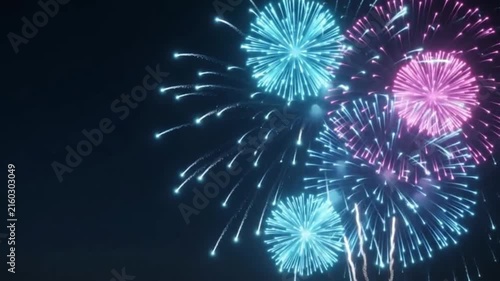 Cinematic Blue and Pink Fireworks Exploding in Dark Night Sky for Celebration Events